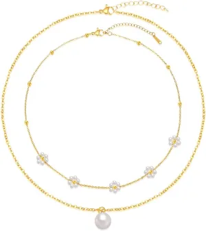 Flower Necklaces For Women, Gold Pearl Necklaces Set Dainty Layered Pearl Cute Daisy Pearl Choker Gold Necklace For Women Trendy Jewelry Gifts