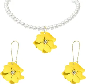 Flower Pearl Earrings Necklace Set for Women Trendy Lucky Bohemian Chic Cute Flower Pearl Blossom Design Earrings Dangle Drop Earring Necklace Set Holiday Summer Hawaiian Fashion Jewelry Gift