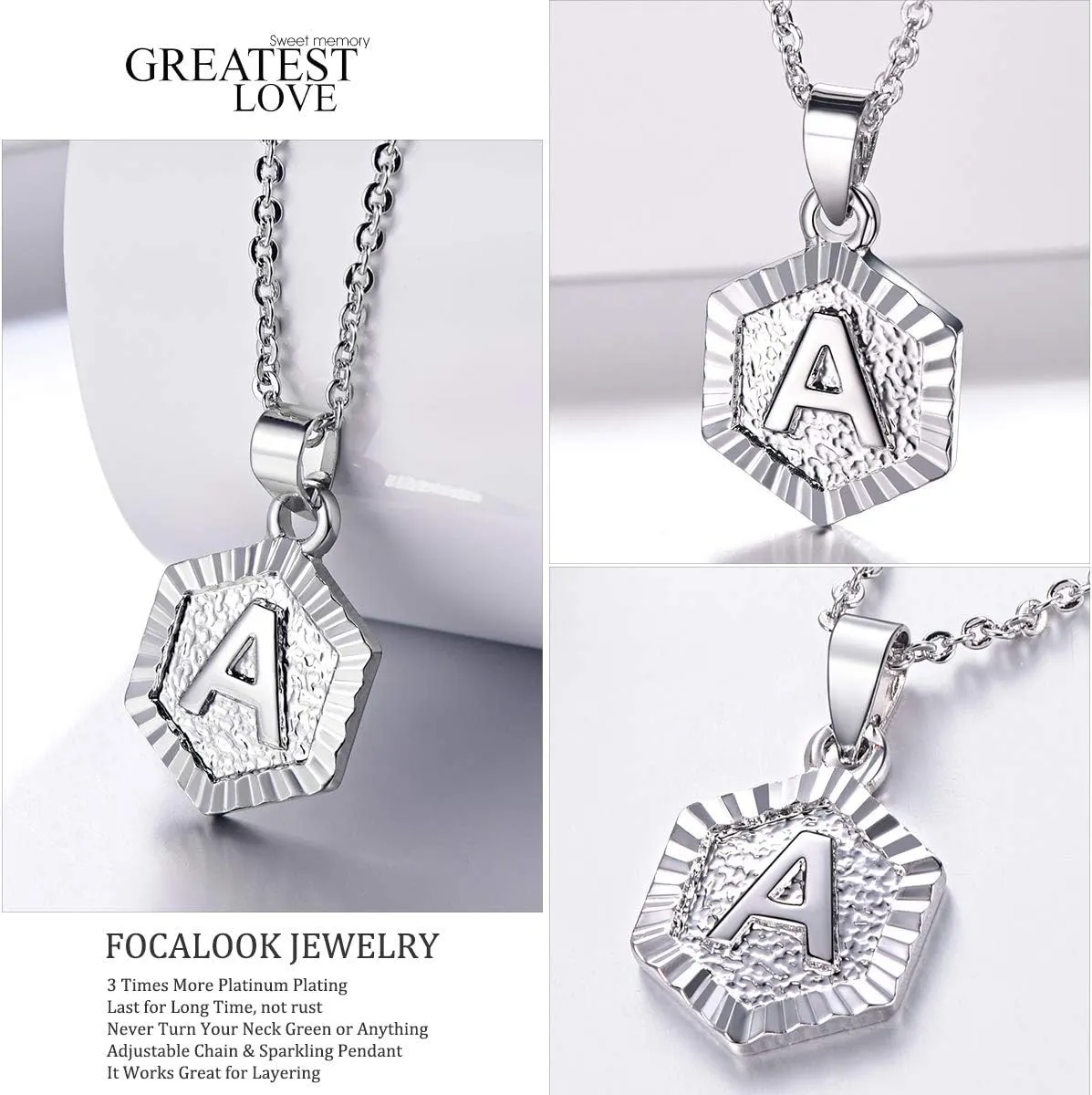 FOCALOOK Initial Necklaces for Women Yellow Gold/Platinum Plated Hexagon Letter Pendant Necklace 18 Inch