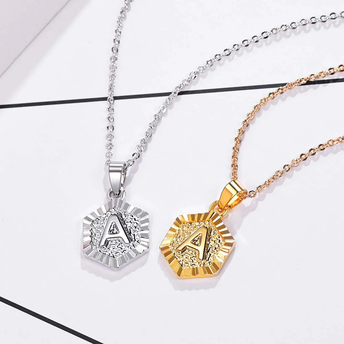 FOCALOOK Initial Necklaces for Women Yellow Gold/Platinum Plated Hexagon Letter Pendant Necklace 18 Inch