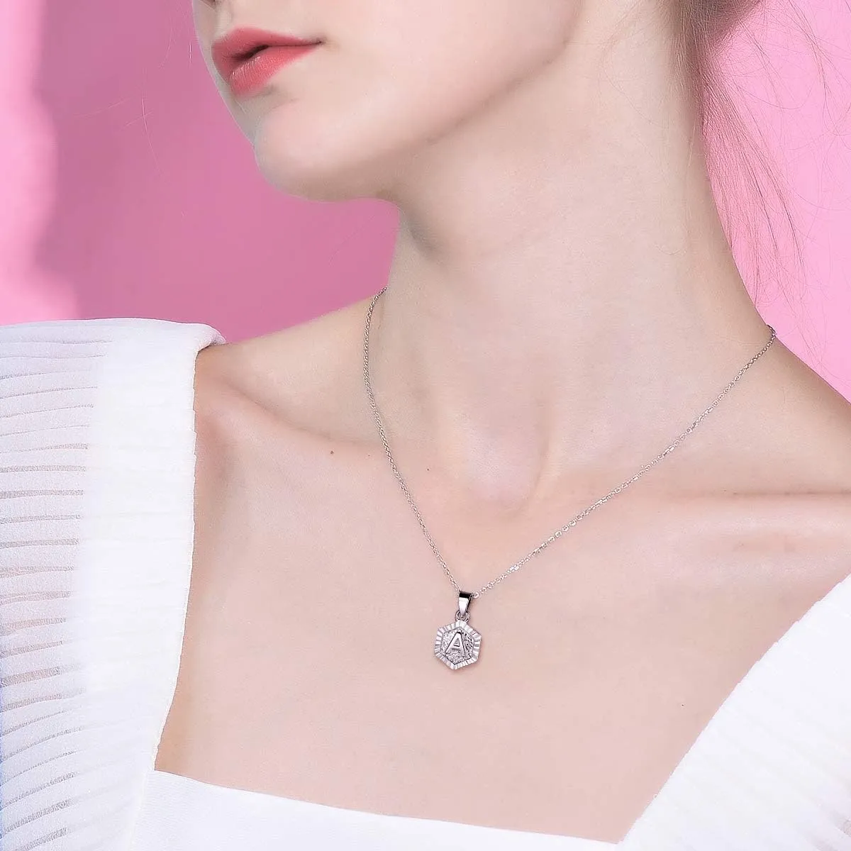 FOCALOOK Initial Necklaces for Women Yellow Gold/Platinum Plated Hexagon Letter Pendant Necklace 18 Inch