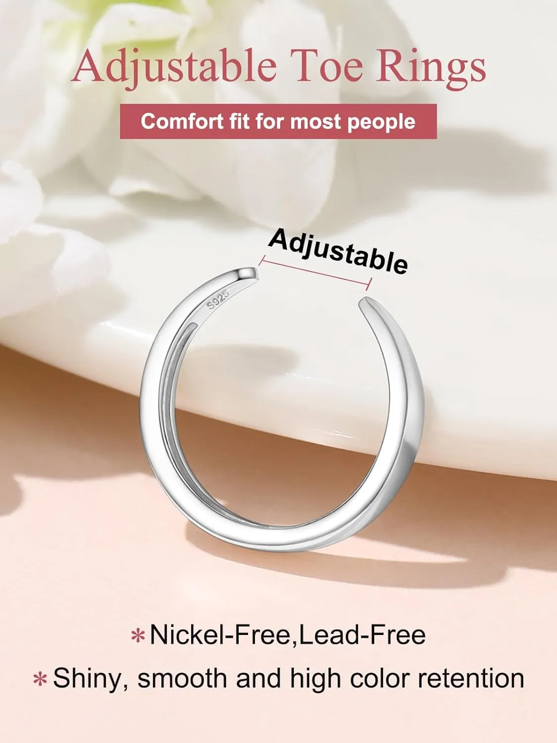 FOCALOOK Toe Ring for Women, 925 Sterling Silver Adjustable Open Toe Ring Hypoallergenic Beach Foot Jewelry for Summer Holiday(With Gift Box)