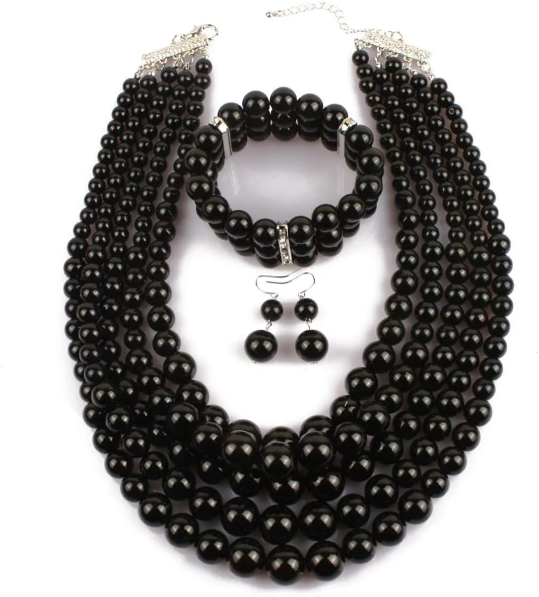 Fodattm Women Lady Multi Layer Imitation Pearl Strand Cluster with Necklace Bracelet and Earrings Set Elegant Costume Jewelry Sets