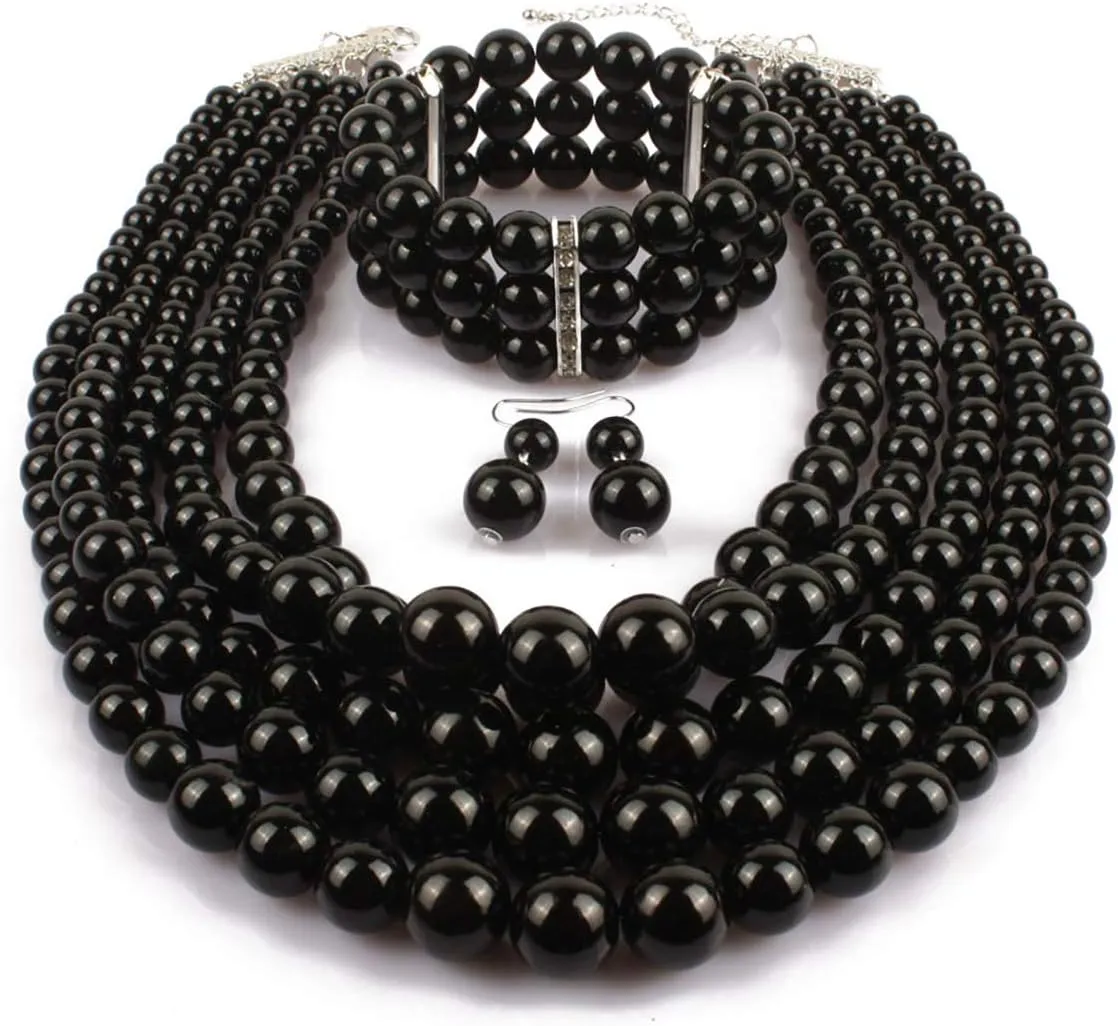 Fodattm Women Lady Multi Layer Imitation Pearl Strand Cluster with Necklace Bracelet and Earrings Set Elegant Costume Jewelry Sets