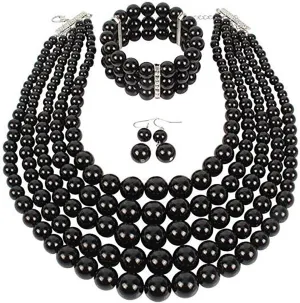 Fodattm Women Lady Multi Layer Imitation Pearl Strand Cluster with Necklace Bracelet and Earrings Set Elegant Costume Jewelry Sets