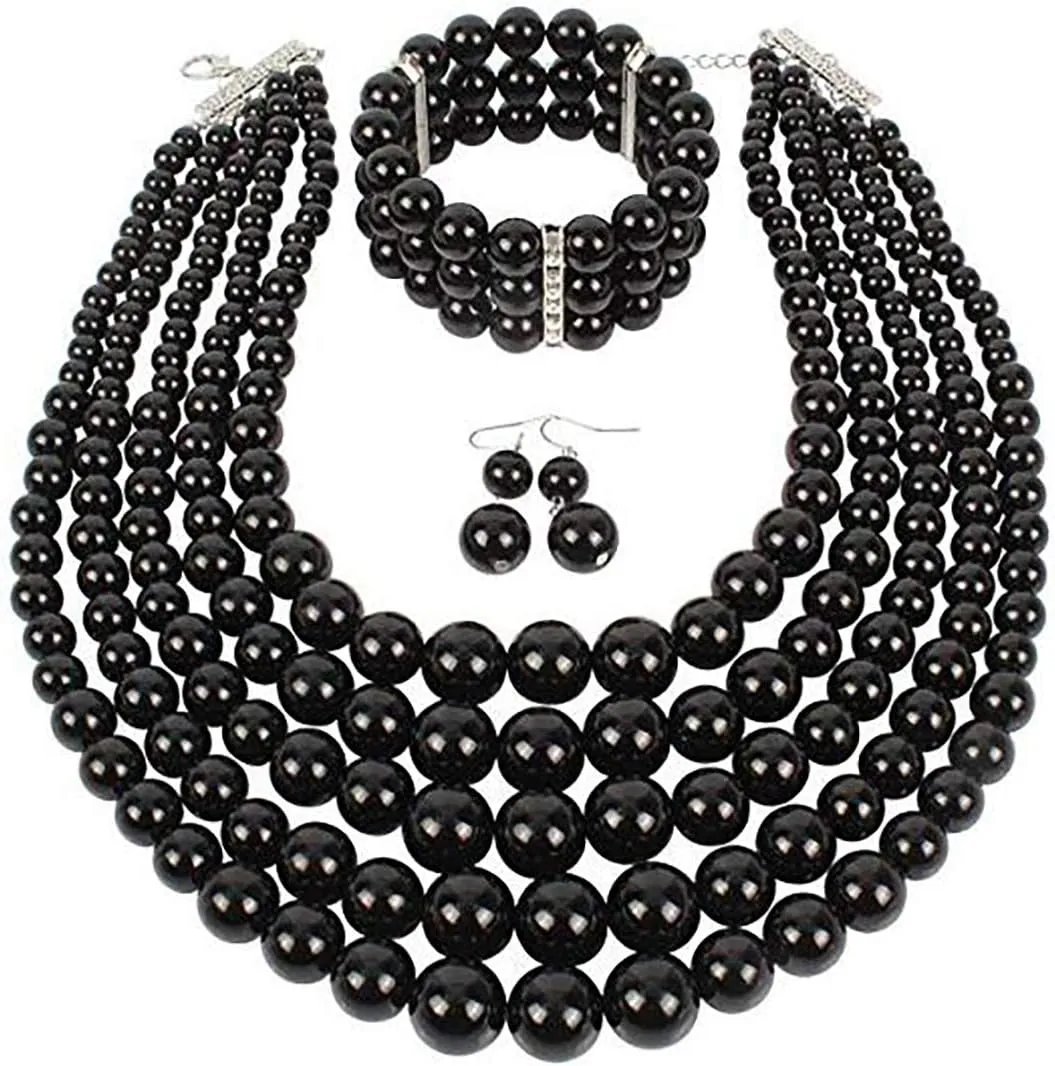 Fodattm Women Lady Multi Layer Imitation Pearl Strand Cluster with Necklace Bracelet and Earrings Set Elegant Costume Jewelry Sets