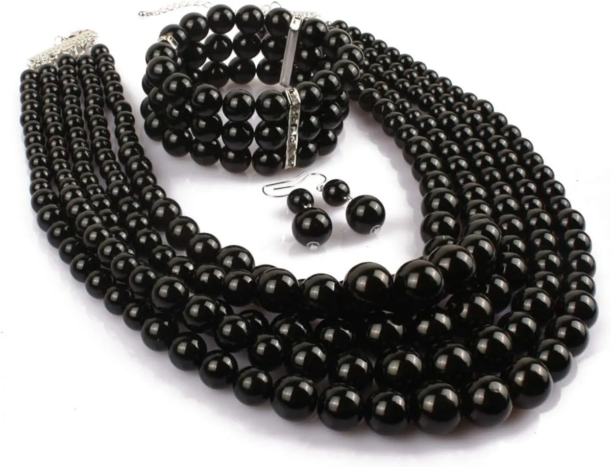 Fodattm Women Lady Multi Layer Imitation Pearl Strand Cluster with Necklace Bracelet and Earrings Set Elegant Costume Jewelry Sets