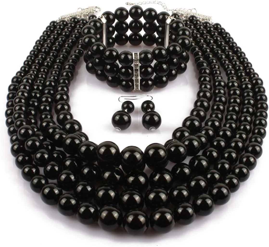 Fodattm Women Lady Multi Layer Imitation Pearl Strand Cluster with Necklace Bracelet and Earrings Set Elegant Costume Jewelry Sets