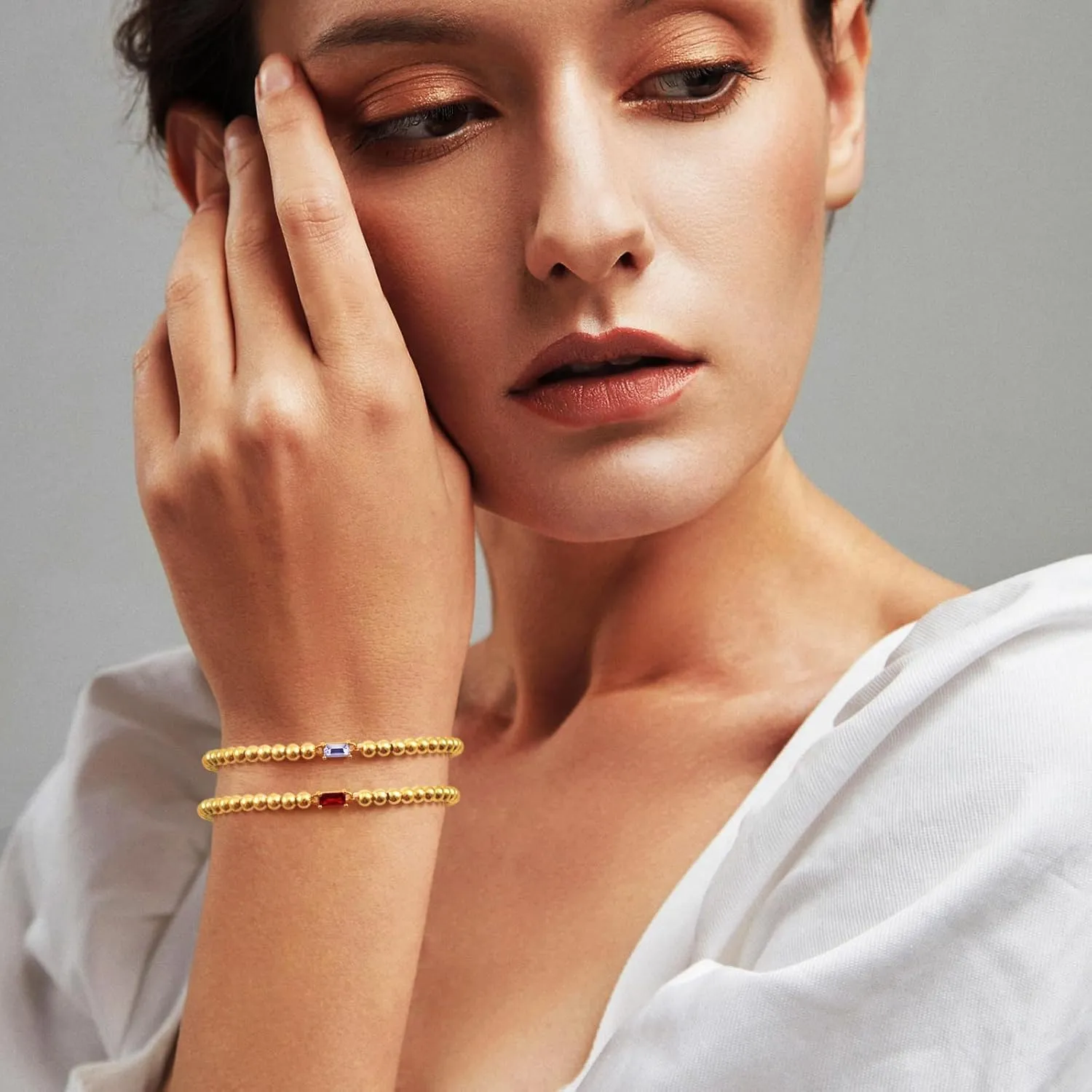 Free bird Birthstone Beaded Bracelet for Women Dainty 14K Gold Plated Stretchable Beaded Bracelet Hypoallergenic Waterproof Trendy Stackable Bracelet Birthstone Jewelry Gift for Birthday Christmas Valentine's Day