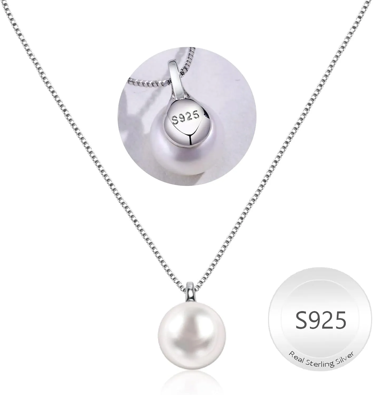 Freshwater Pearl Necklace for Women, S925 Sterling Silver Pearl Pendant Necklace Jewelry Gift, Mother Day Birthday Wedding Valentines Christmas Party 18K Dainty Single White Pearl Choker Necklaces for Mom Friends Grandma Daughter