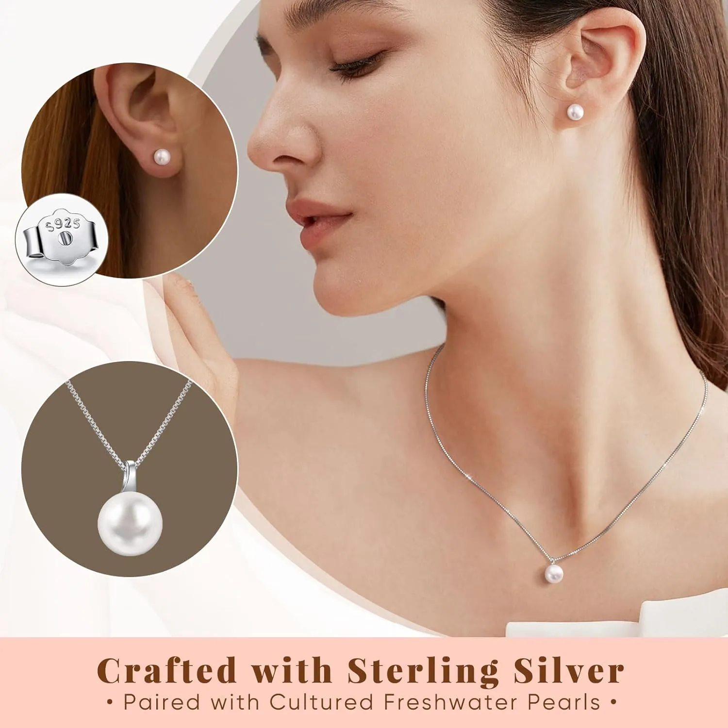 Freshwater Pearl Necklace for Women, S925 Sterling Silver Pearl Pendant Necklace Jewelry Gift, Mother Day Birthday Wedding Valentines Christmas Party 18K Dainty Single White Pearl Choker Necklaces for Mom Friends Grandma Daughter