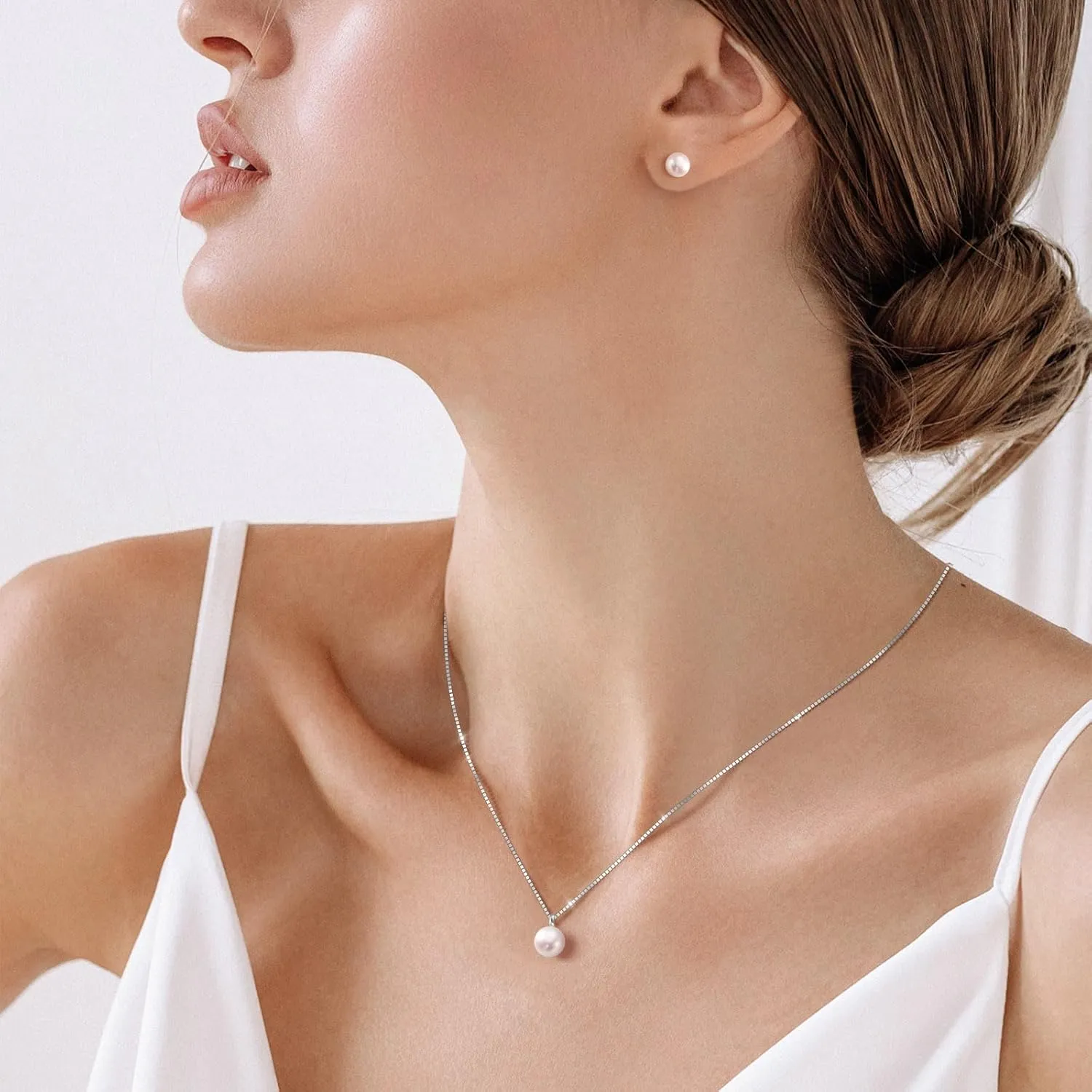 Freshwater Pearl Necklace for Women, S925 Sterling Silver Pearl Pendant Necklace Jewelry Gift, Mother Day Birthday Wedding Valentines Christmas Party 18K Dainty Single White Pearl Choker Necklaces for Mom Friends Grandma Daughter