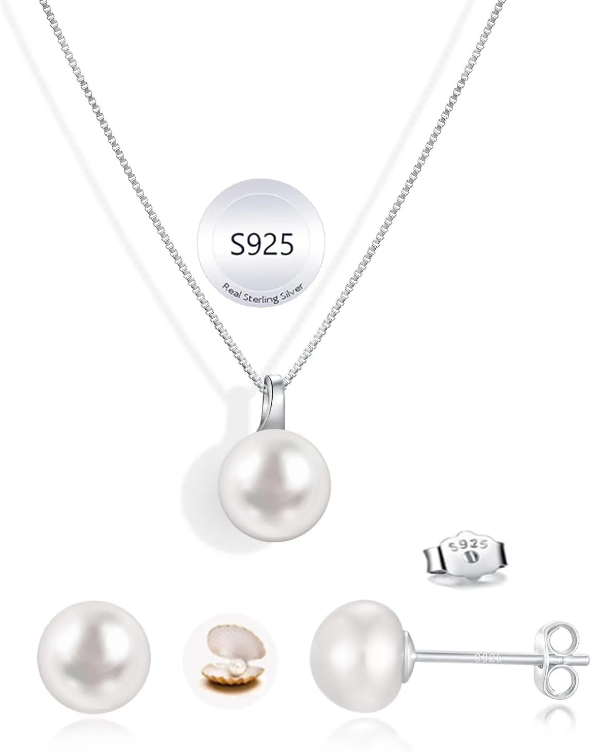 Freshwater Pearl Necklace for Women, S925 Sterling Silver Pearl Pendant Necklace Jewelry Gift, Mother Day Birthday Wedding Valentines Christmas Party 18K Dainty Single White Pearl Choker Necklaces for Mom Friends Grandma Daughter