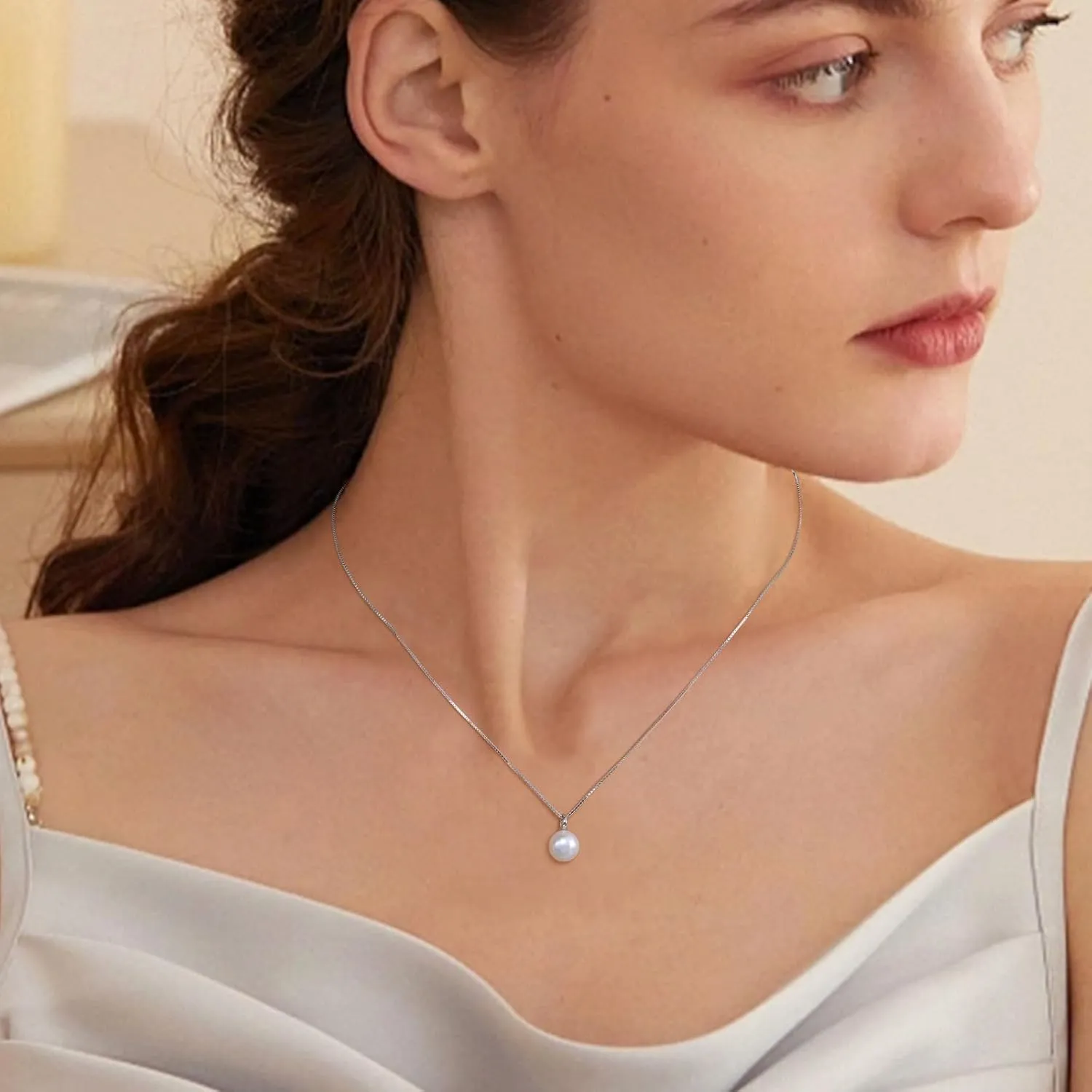 Freshwater Pearl Necklace for Women, S925 Sterling Silver Pearl Pendant Necklace Jewelry Gift, Mother Day Birthday Wedding Valentines Christmas Party 18K Dainty Single White Pearl Choker Necklaces for Mom Friends Grandma Daughter