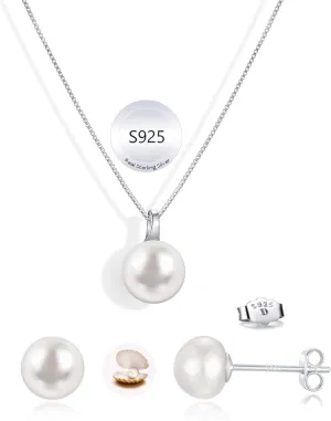Freshwater Pearl Necklace for Women, S925 Sterling Silver Pearl Pendant Necklace Jewelry Gift, Mother Day Birthday Wedding Valentines Christmas Party 18K Dainty Single White Pearl Choker Necklaces for Mom Friends Grandma Daughter