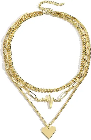 FUTIMELY Gold Heartbeat Heart Layered Necklace for Women Her,Unique Metal Flat Love Pendant Chain Necklace,Silver Layering Paperclip Cuban Link Necklace
