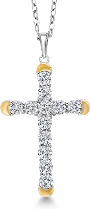 Gem Stone King 1.20 Cttw Lab Grown Diamond Religious Cross Pendant Necklaces for Women | 925 Silver and 10K Yellow Gold | F-G Color | VVS-VS Clarity | 30X19MM | With 18 Inch Chain
