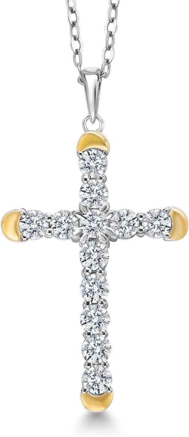 Gem Stone King 1.20 Cttw Lab Grown Diamond Religious Cross Pendant Necklaces for Women | 925 Silver and 10K Yellow Gold | F-G Color | VVS-VS Clarity | 30X19MM | With 18 Inch Chain