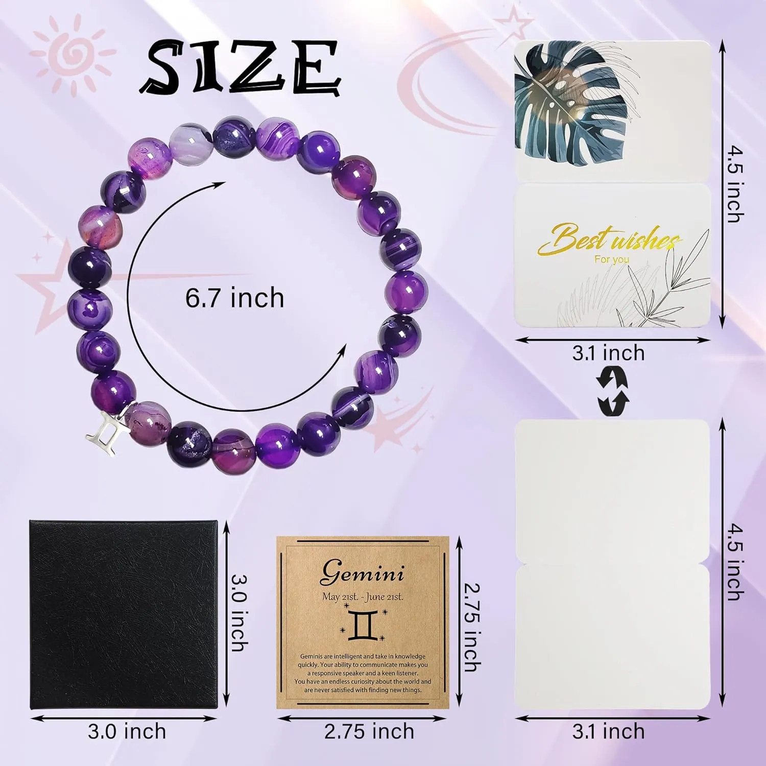 Gemini Bracelets Birthday Gifts, Zodiac Astrology Bracelets Present for Women, Gemini Constellation Crystal Bracelet, Purple Unique Jewelry with Wish Card for Sister Mom Friend
