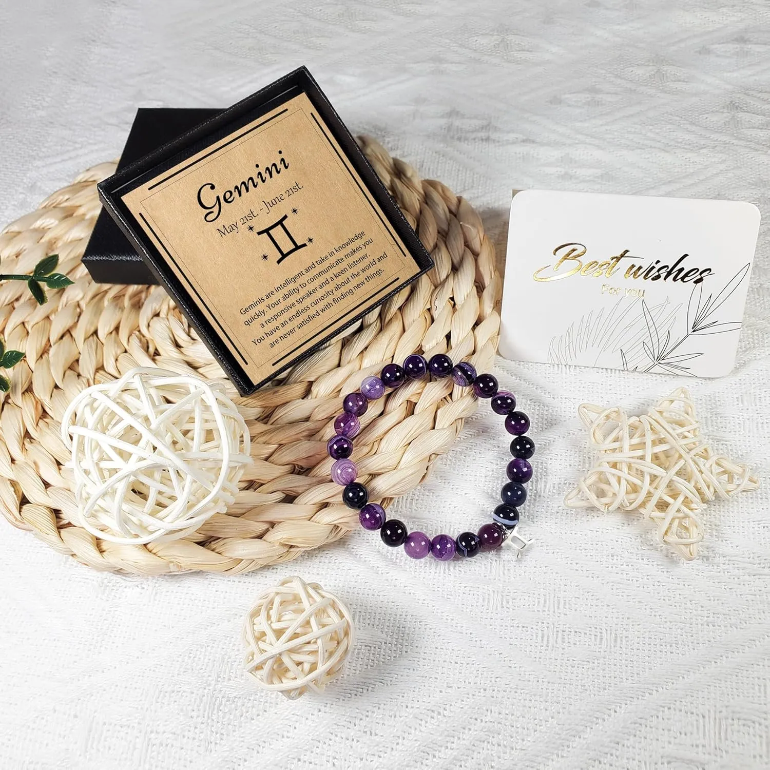 Gemini Bracelets Birthday Gifts, Zodiac Astrology Bracelets Present for Women, Gemini Constellation Crystal Bracelet, Purple Unique Jewelry with Wish Card for Sister Mom Friend