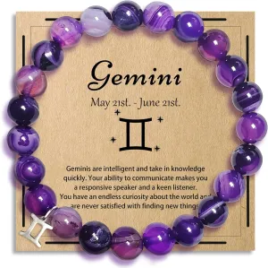 Gemini Bracelets Birthday Gifts, Zodiac Astrology Bracelets Present for Women, Gemini Constellation Crystal Bracelet, Purple Unique Jewelry with Wish Card for Sister Mom Friend