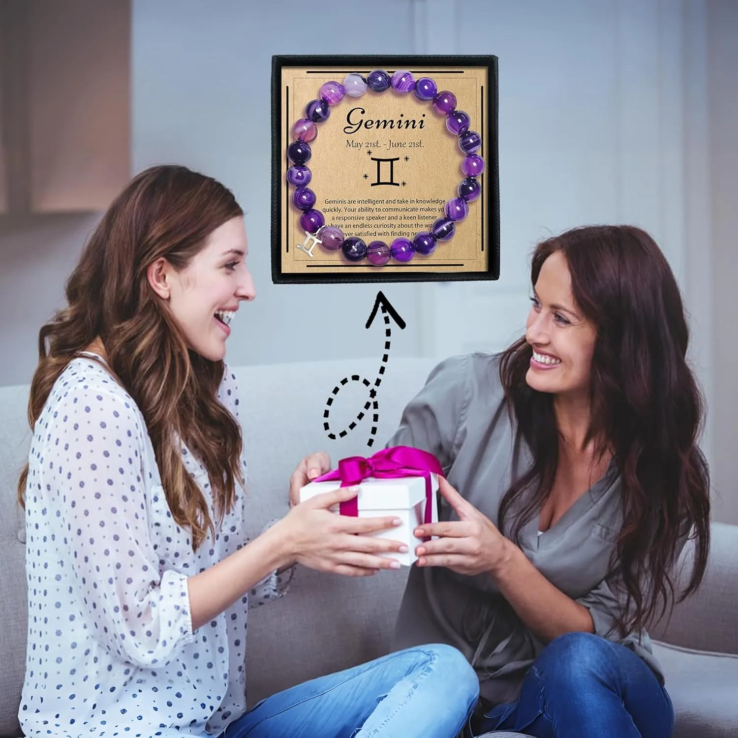 Gemini Bracelets Birthday Gifts, Zodiac Astrology Bracelets Present for Women, Gemini Constellation Crystal Bracelet, Purple Unique Jewelry with Wish Card for Sister Mom Friend