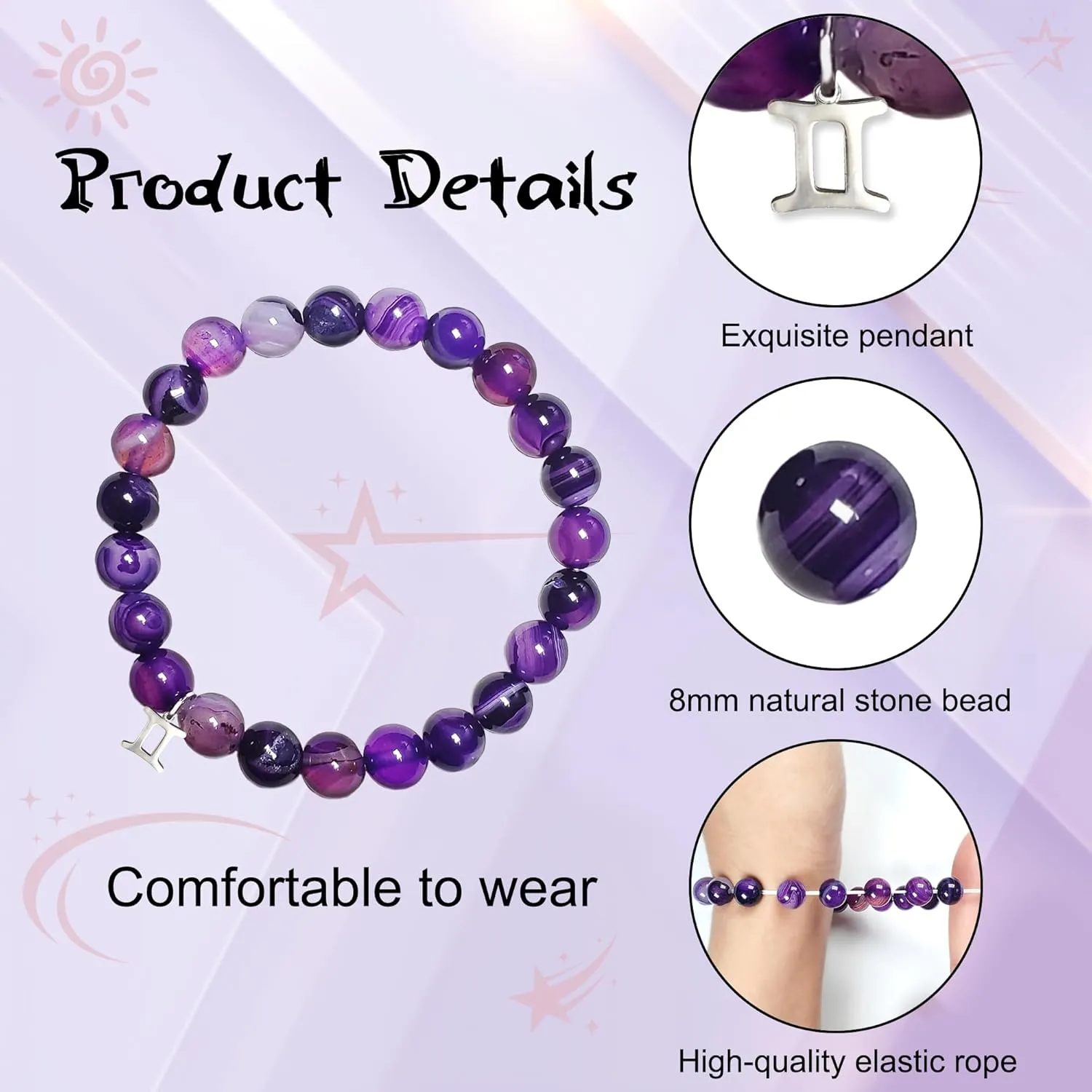 Gemini Bracelets Birthday Gifts, Zodiac Astrology Bracelets Present for Women, Gemini Constellation Crystal Bracelet, Purple Unique Jewelry with Wish Card for Sister Mom Friend