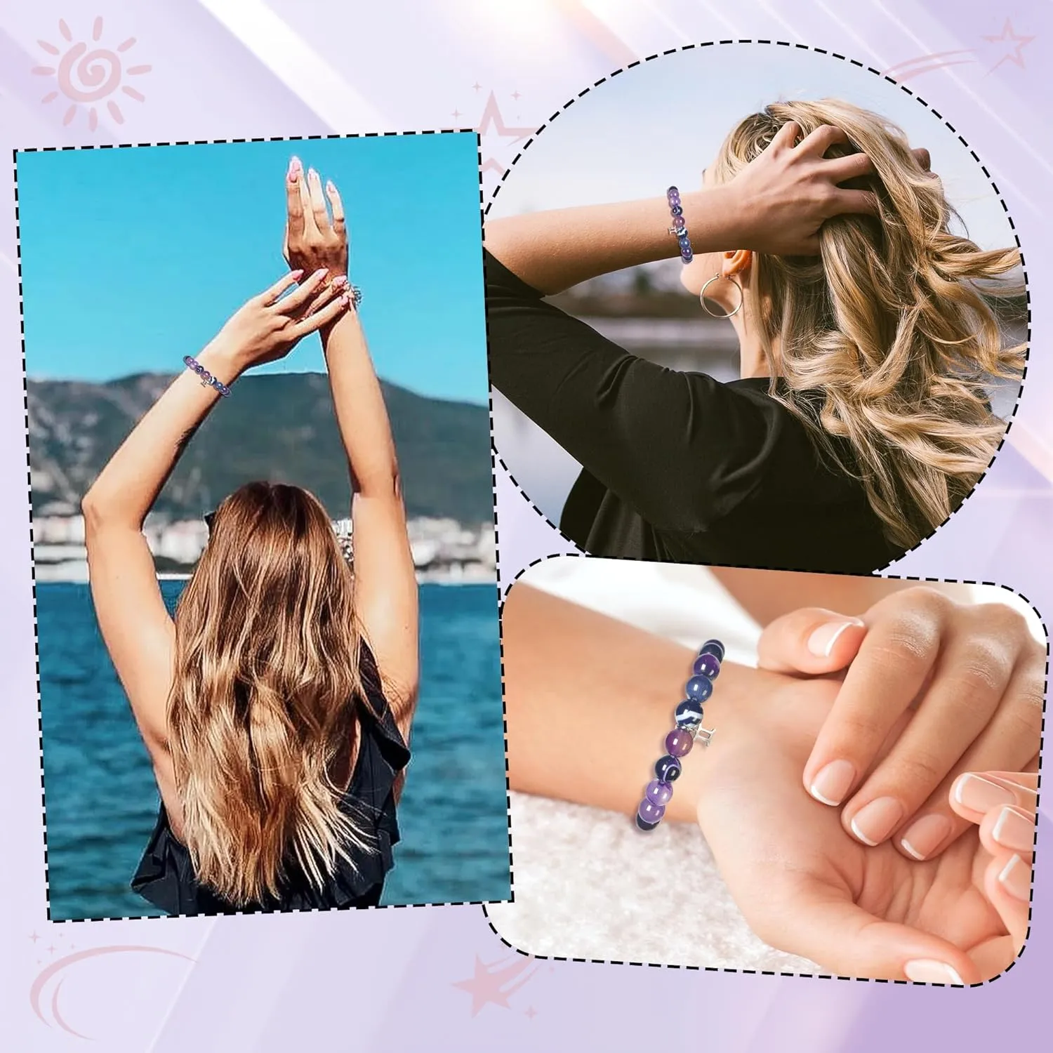 Gemini Bracelets Birthday Gifts, Zodiac Astrology Bracelets Present for Women, Gemini Constellation Crystal Bracelet, Purple Unique Jewelry with Wish Card for Sister Mom Friend