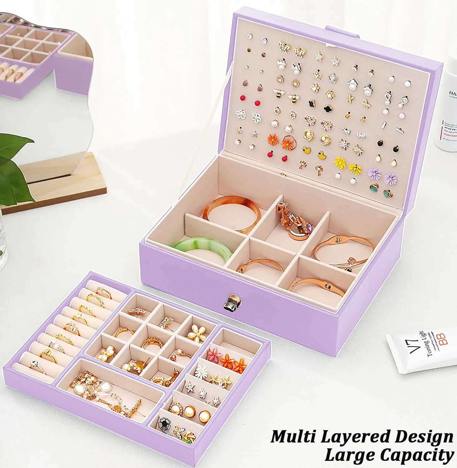 Girls Earrings Jewelry Box for Earrings Necklaces Rings, Girls Stud Earring Organizer Box Earring Storage Case Jewelry Organizer Box for Girls Stud Earring Holder Organizer Box Purple