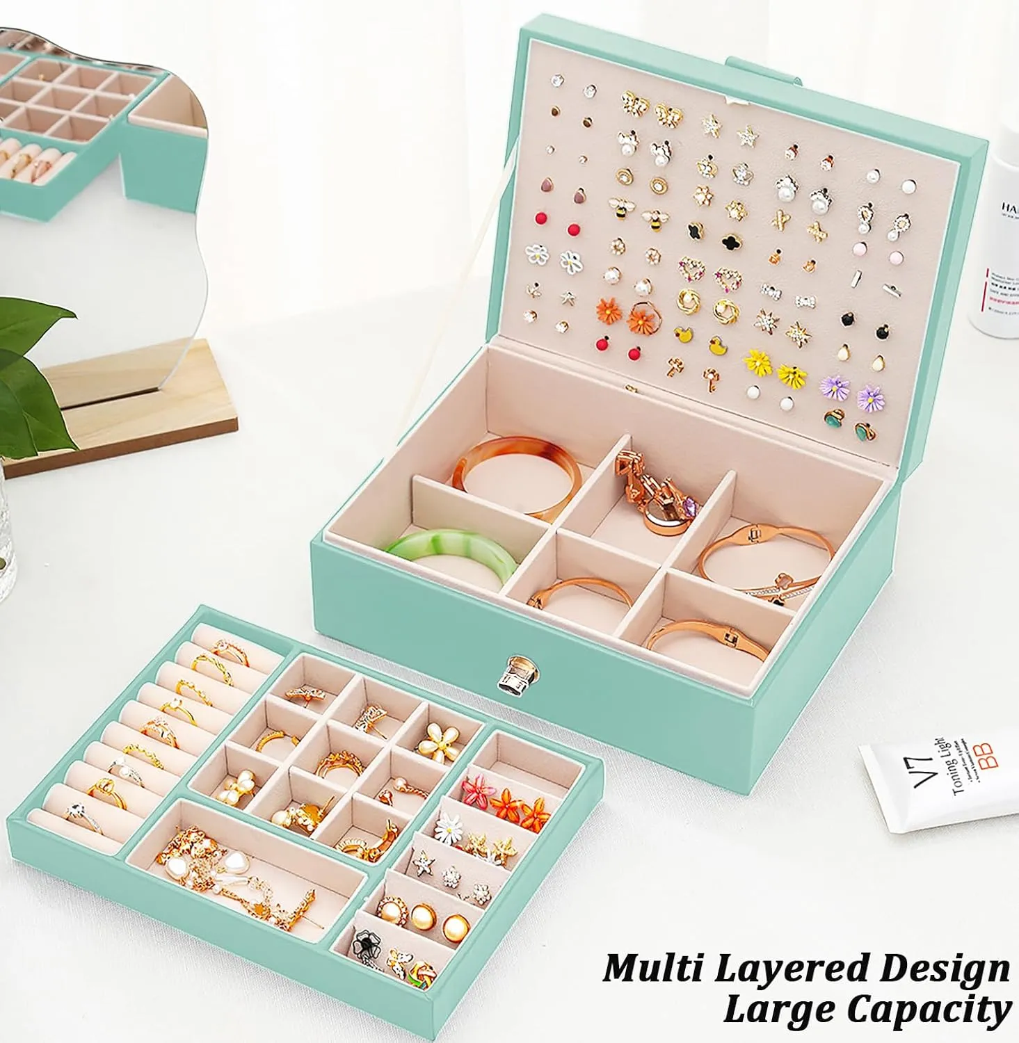 Girls Earrings Jewelry Box for Earrings Necklaces Rings, Girls Stud Earring Organizer Box Earring Storage Case Jewelry Organizer Box for Girls Stud Earring Holder Organizer Box,Turquoise