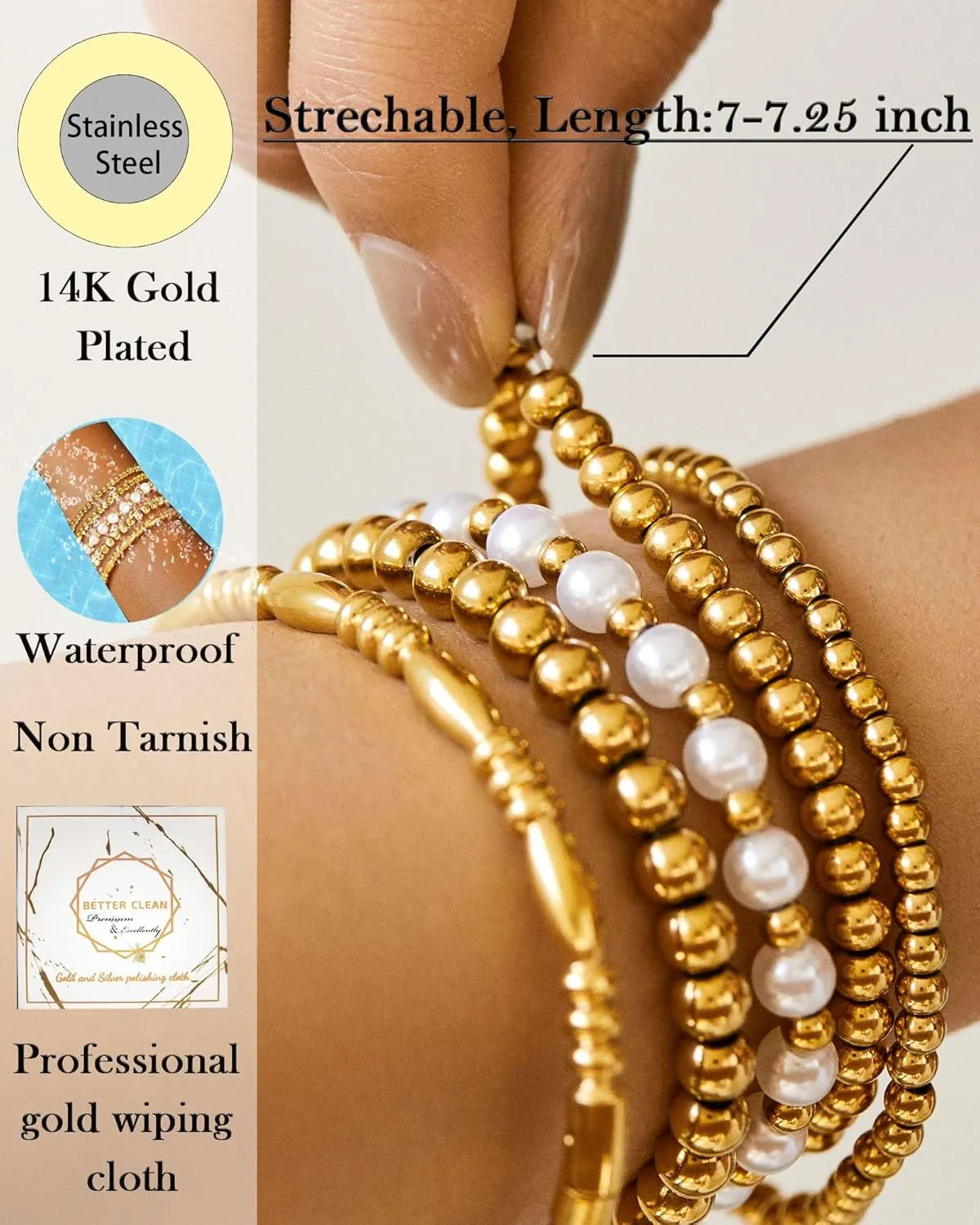 Gold Bangle Bracelets for Women, 14K Gold Plated Beaded Bracelets Stretch Bead Ball Chain Layered Bracelet Stack Set, Love Cubic Zirconia Bangle Women Jewelry