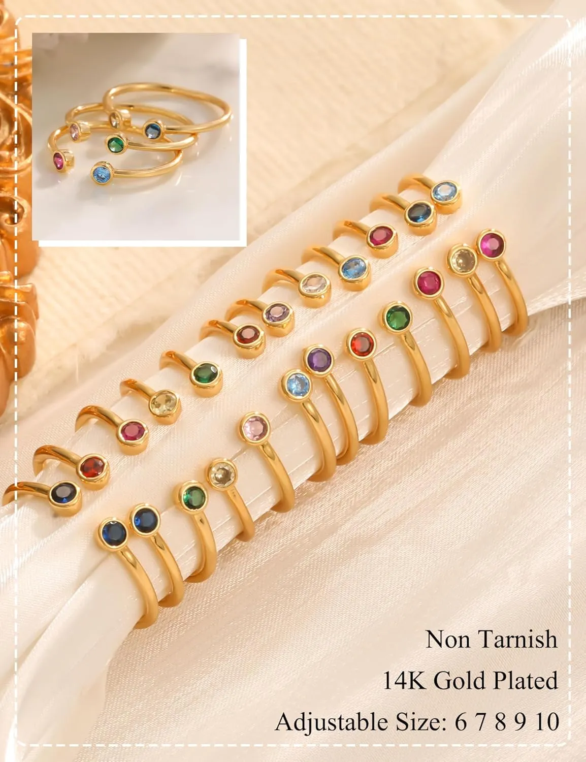 Gold Birthstone Rings for Women Non Tarnish Stackable Adjustable Couple Rings for Women 14k Gold Plated Dainty Stacking Cubic Zirconia Emerald Green Ring for Mother Birthday Gifts Jewelry