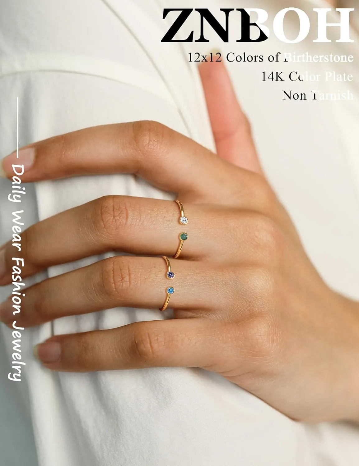 Gold Birthstone Rings for Women Non Tarnish Stackable Adjustable Couple Rings for Women 14k Gold Plated Dainty Stacking Cubic Zirconia Emerald Green Ring for Mother Birthday Gifts Jewelry