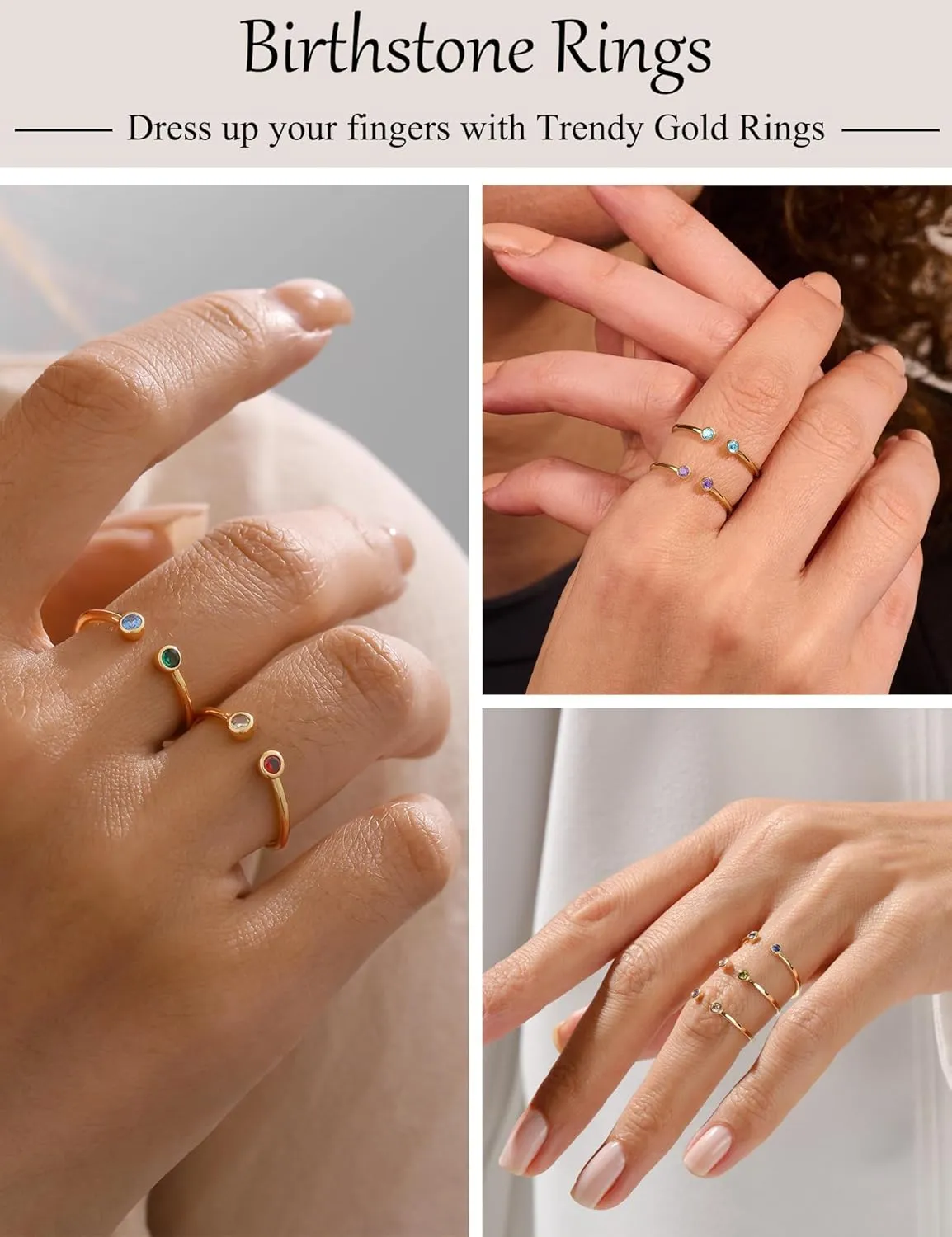 Gold Birthstone Rings for Women Non Tarnish Stackable Adjustable Couple Rings for Women 14k Gold Plated Dainty Stacking Cubic Zirconia Emerald Green Ring for Mother Birthday Gifts Jewelry
