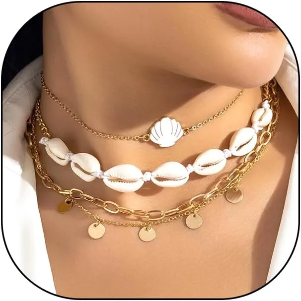 Gold Boho Seashell Stacking Choker Necklaces for Women, Fun Pearl Starfish Layered Chain Necklace Set,Dainty Beach Party Surfer Jewelry Gifts