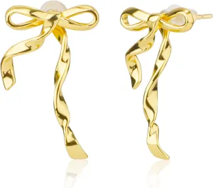 Gold Bow Earrings, Irregular Bow Knot Stud Earrings Stylish Ribbon Earrings Elegant Jewelry Gift for Women Girls