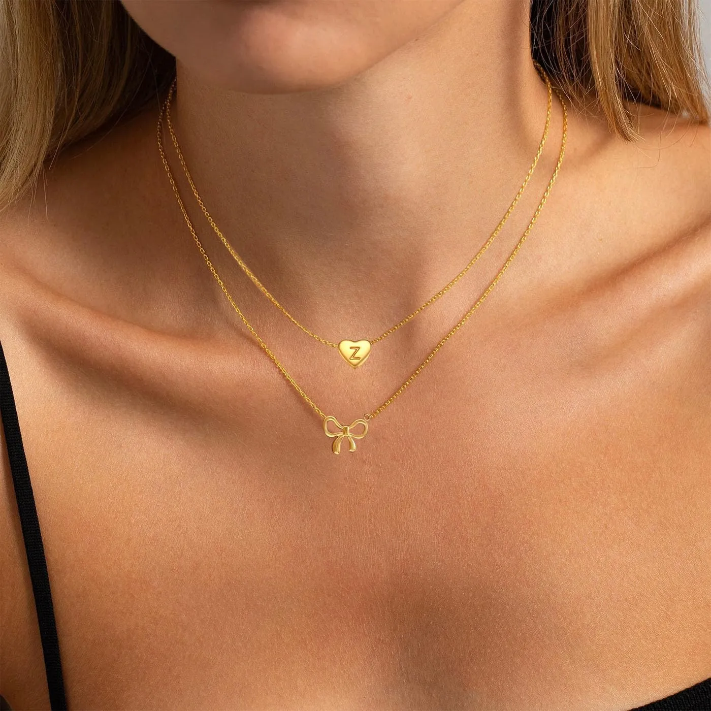 Gold Bow Pendant Necklace Initial Necklaces for Women 18K Real Gold Plated Heart Initial A-Z Necklace Layered Dainty Gold Necklace Bow Pendant Choker Trendy Gold Letter Necklace Jewelry