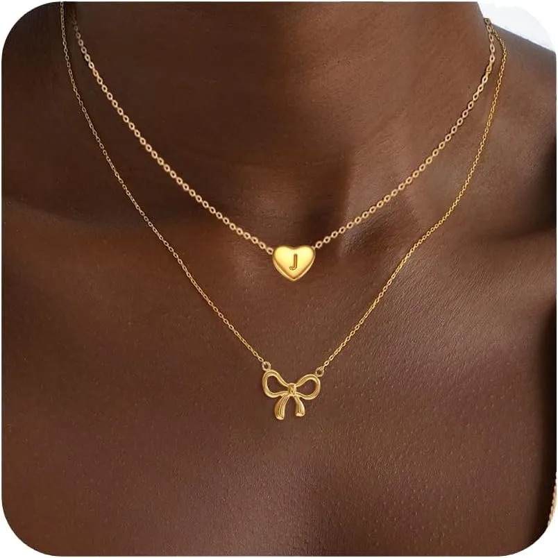 Gold Bow Pendant Necklace Initial Necklaces for Women 18K Real Gold Plated Heart Initial A-Z Necklace Layered Dainty Gold Necklace Bow Pendant Choker Trendy Gold Letter Necklace Jewelry
