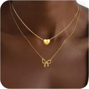 Gold Bow Pendant Necklace Initial Necklaces for Women 18K Real Gold Plated Heart Initial A-Z Necklace Layered Dainty Gold Necklace Bow Pendant Choker Trendy Gold Letter Necklace Jewelry