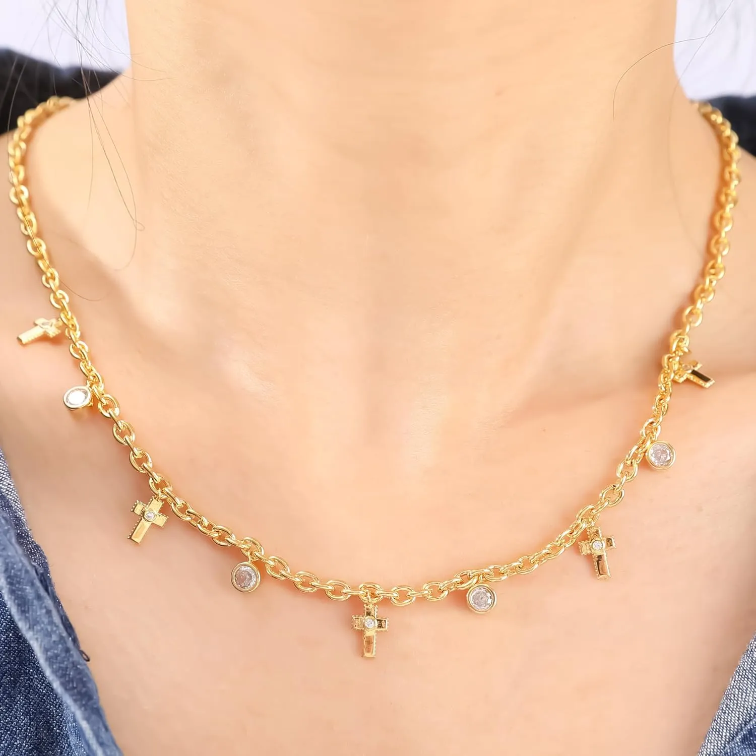 Gold Charm Necklace for Women 14K Gold Plated Dainty Round Cubic Zirconia Charm Choker Necklace Cute Star Love Heart Shell Daisy Cross Pendant Necklace Adjustable Trendy Party Jewelry Gift for Women