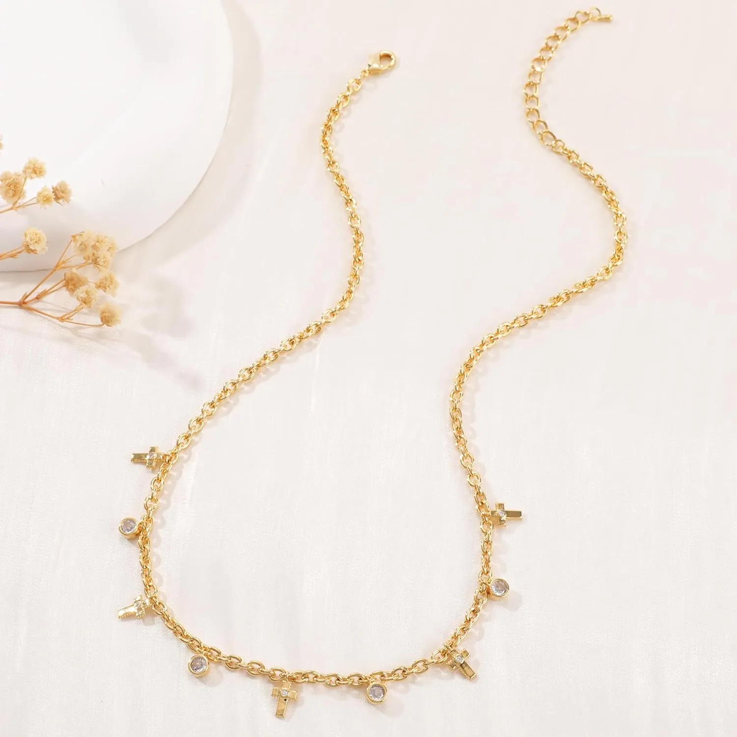 Gold Charm Necklace for Women 14K Gold Plated Dainty Round Cubic Zirconia Charm Choker Necklace Cute Star Love Heart Shell Daisy Cross Pendant Necklace Adjustable Trendy Party Jewelry Gift for Women