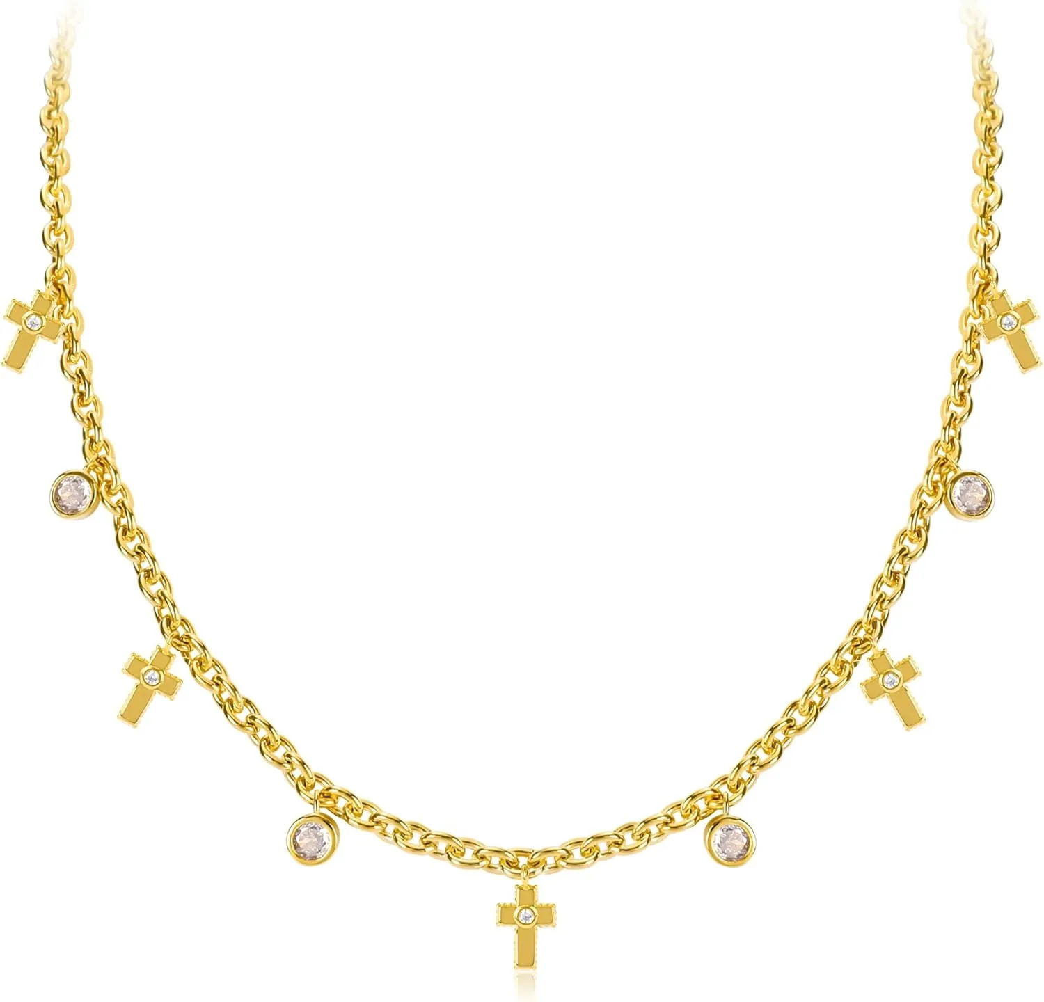 Gold Charm Necklace for Women 14K Gold Plated Dainty Round Cubic Zirconia Charm Choker Necklace Cute Star Love Heart Shell Daisy Cross Pendant Necklace Adjustable Trendy Party Jewelry Gift for Women