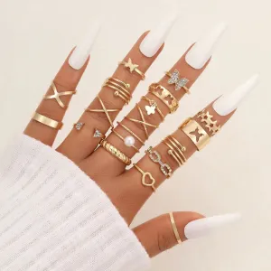 Gold Color Irregularly Rings Set For Women Vintage Heart Butterfly Pearl Geometric Hollow Ring New Fashion Party Jewelry Gifts