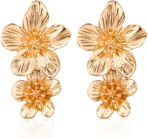 Gold Double Flower Earrings, Statement Flower Earrings Boho Chic Floral Dangle Earrings Flower Drop Earrings Fairy Earrings Jewelry Gift for Women Girls