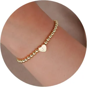 Gold Initial Bracelets for Women, Dainty Gold Heart Charm Letter Bracelet Gold Beaded Bracelets Friendship Personalized Name Bracelet Halloween Thanksgiving Christmas Birthday Gifts