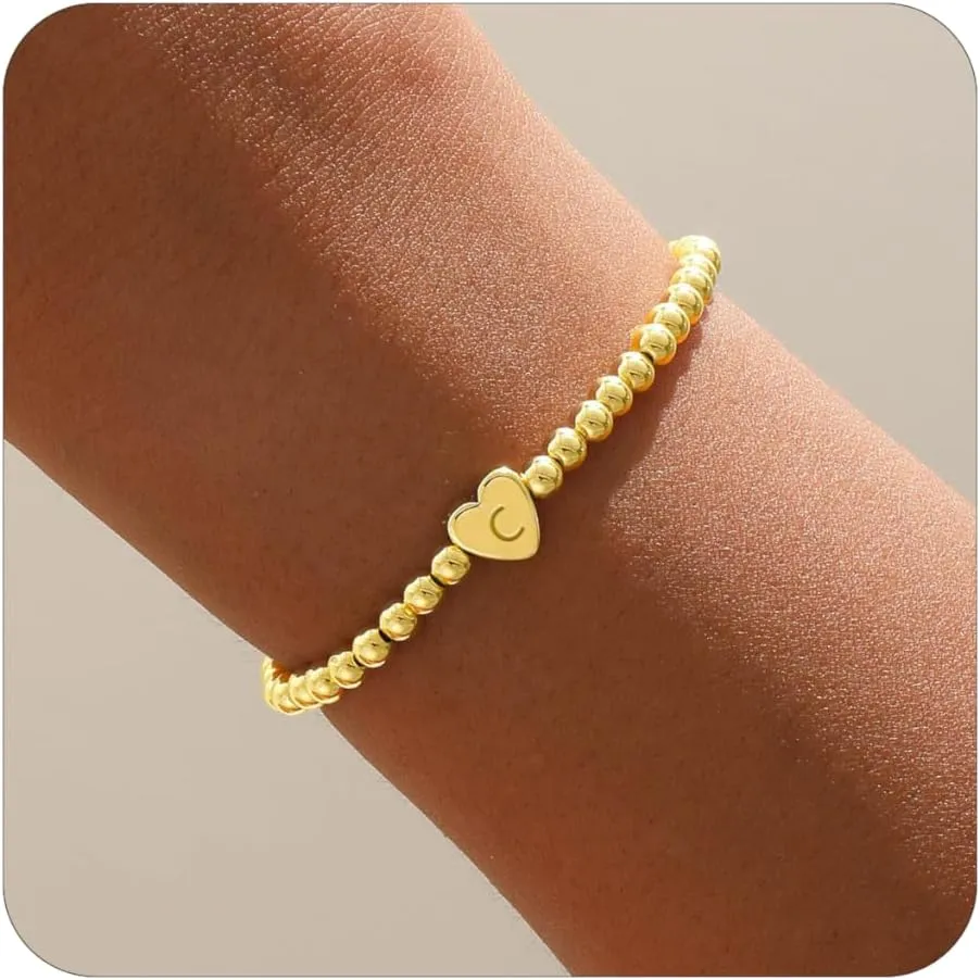 Gold Initial Bracelets for Women, Dainty Gold Heart Charm Letter Bracelet Gold Beaded Bracelets Friendship Personalized Name Bracelet Halloween Thanksgiving Christmas Birthday Gifts