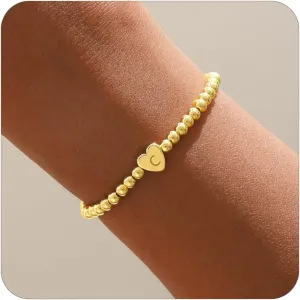 Gold Initial Bracelets for Women, Dainty Gold Heart Charm Letter Bracelet Gold Beaded Bracelets Friendship Personalized Name Bracelet Halloween Thanksgiving Christmas Birthday Gifts