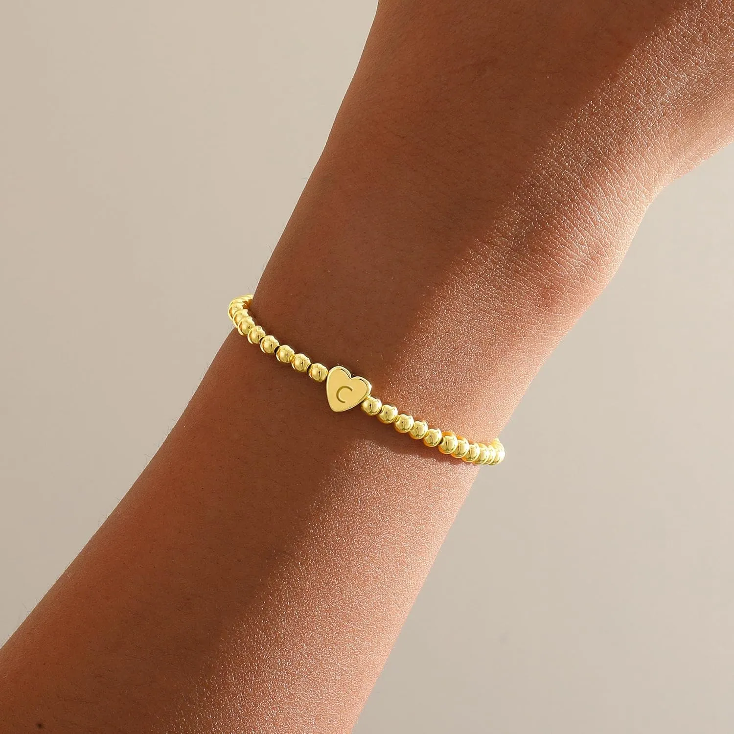 Gold Initial Bracelets for Women, Dainty Gold Heart Charm Letter Bracelet Gold Beaded Bracelets Friendship Personalized Name Bracelet Halloween Thanksgiving Christmas Birthday Gifts