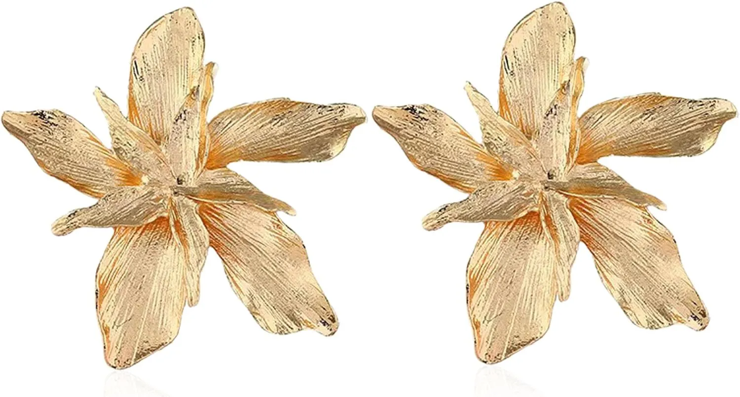 Gold Large Flower Earrings for Women - Boho Statement Bohemian Elegant Chic Dangle Earrings - Unique Jewelry Gift