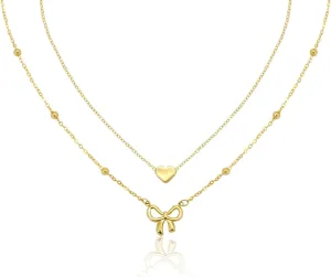 Gold Layered Necklace Set for Women, Heart and Bow Pendant Double Chain Necklace, Minimalist Gold Choker Necklace for Women, Fashion Jewelry Gift